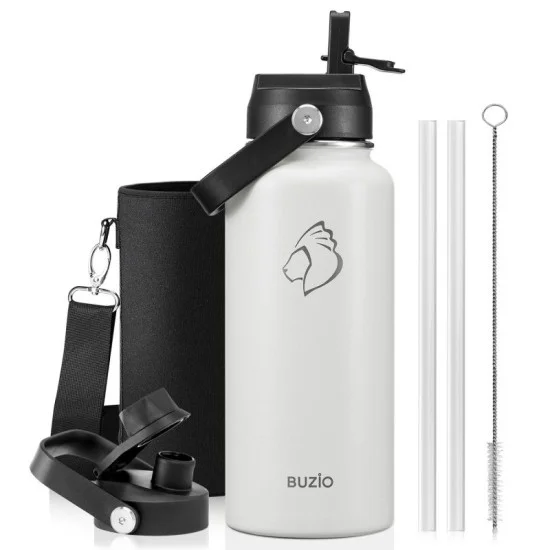 Buzio Duet Series Water Bottle with 2 Lids and Sleeve 1L - White